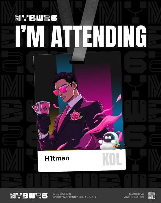 A promotional poster for the MIBW6 event (29-30 July 2026, World Trade Centre Kuala Lumpur) showing an illustrated character named "H1tman" labeled as KOL, holding playing cards with a small robot beside him.