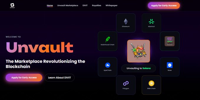 Screenshot of the 'Unvault' website, subtitled 'The Marketplace Revolutionizing the Blockchain,' showing various blockchain logos (Ethereum, Abstract, ApeChain, Base, etc.) and a 'Unvaulting to Solana' banner.