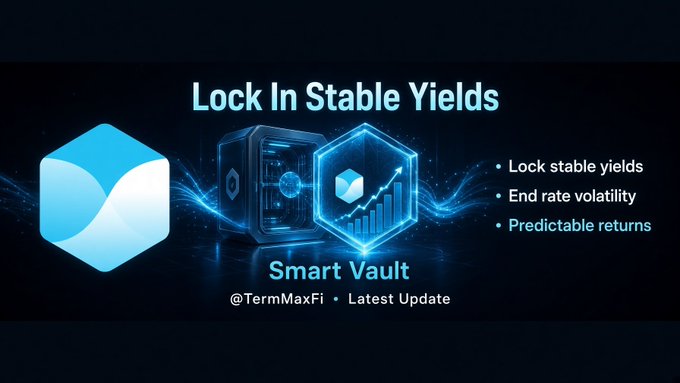 A promotional graphic for TermMaxFi's "Smart Vault" featuring a glowing blue vault icon and Hexa logo, with the headline "Lock In Stable Yields" and bullet points highlighting "Lock stable yields," "End rate volatility," and "Predictable returns." The image directly illustrates the post's message, visually addressing the stress of crypto market volatility by showcasing TermMaxFi's solution for stable, predictable returns.