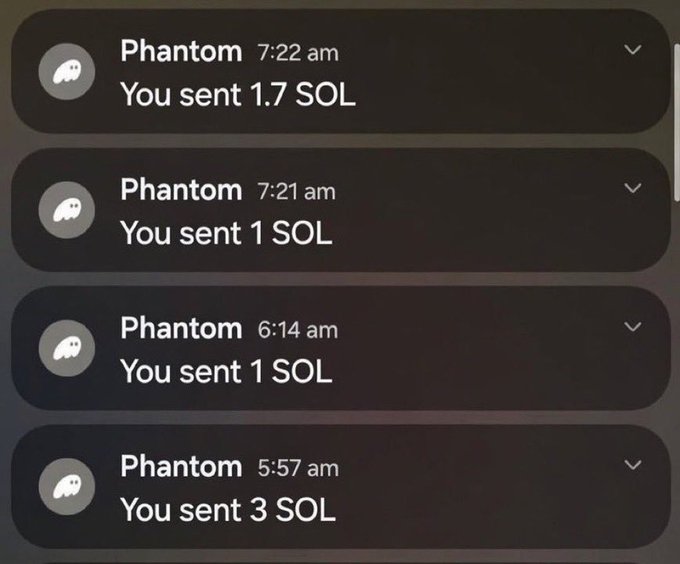 A screenshot showing multiple Phantom wallet transactions indicating SOL (Solana) cryptocurrency transfers at various early morning times (5:57 am, 6:14 am, 7:21 am, 7:22 am).