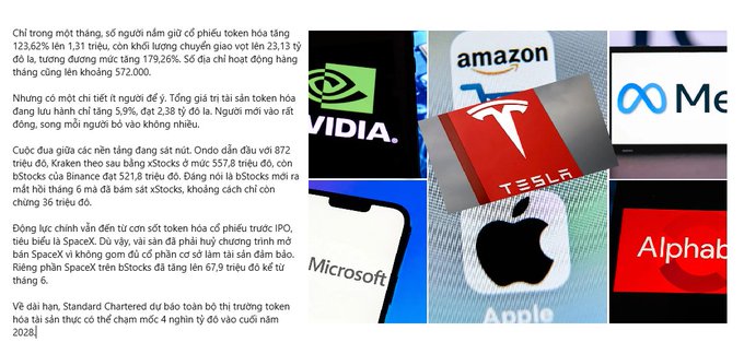 The image shows logos of major tech companies—NVIDIA, Amazon, Tesla, Apple, Microsoft, and Meta/Alphabet—alongside Vietnamese text discussing tokenized stock trading volumes on platforms like xStocks, which reportedly rose sharply (e.g., 123.62% in a week, 179.26% in a month) with on-chain order volumes exceeding $572 trillion.

The caption highlights the Vietnamese article's theme that crypto liquidity is rotating into tokenized equities (Nvidia, Tesla, Apple, etc.), though user growth outpaces capital inflow, suggesting most participants are still experimenting rather than committing large sums.