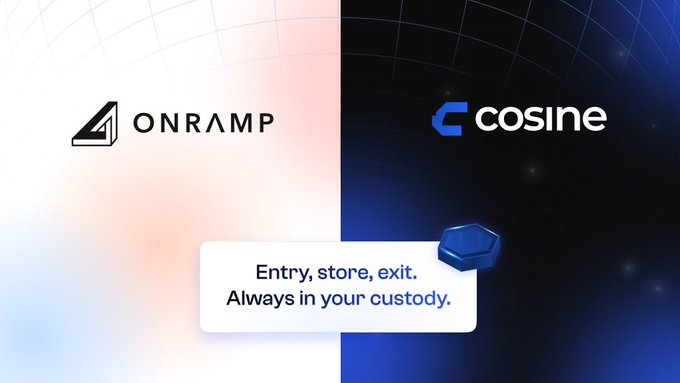 The image features the Onramp and Cosine logos on a split red/blue background, with the tagline "Entry. Store. Exit." and a sand crab graphic on a beach, representing the seamless self-custody crypto on/off-ramp integration highlighted in the announcement.
