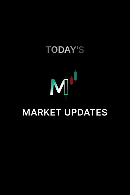 A black graphic titled "TODAY'S MARKET UPDATES" featuring a stylized "M" candlestick logo in green and red, serving as a header for commentary on the Fed's reduced rate-hike odds and Bitcoin's rally toward $65K following weak NFP data.