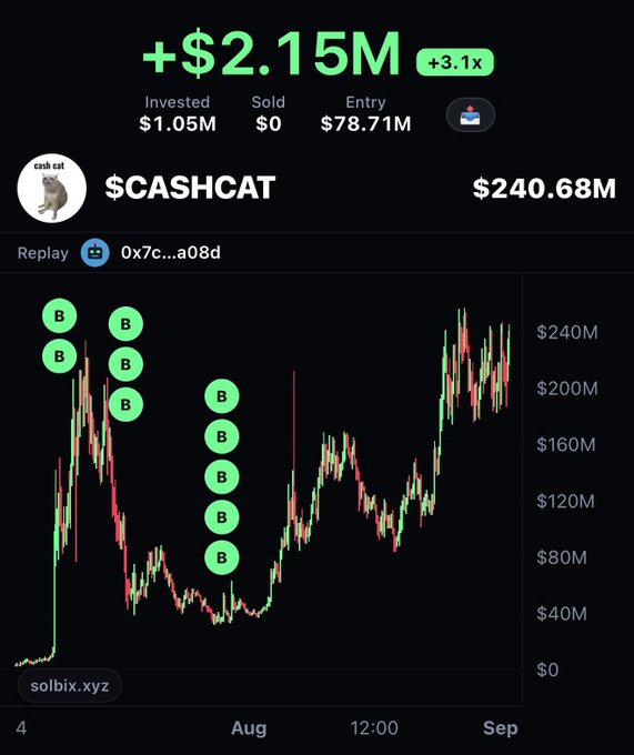 Trading chart from solbix.xyz showing the $CASHCAT token with a profit of +$2.15M (+3.1x), an invested amount of $1.05M, and a current value of $240.68M.