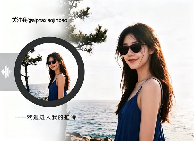 A young woman wearing sunglasses and a blue dress stands by the sea, with a circular inset showing the same photo. The image features Chinese text including "关注我@alphaxiaojinbao" (Follow me) and "欢迎进入我的推特" (Welcome to my Twitter), and it visually represents the post's longing to escape the confines of trading and crypto markets to enjoy real life and travel.