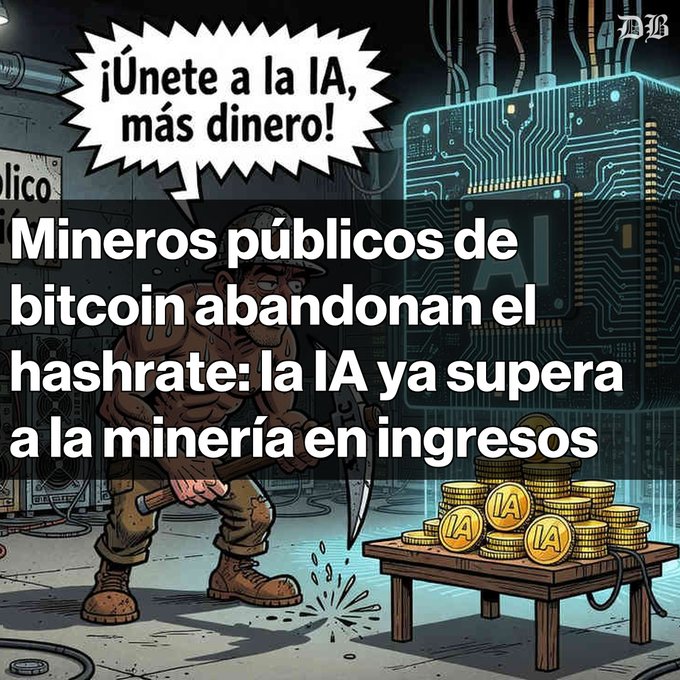 A Spanish-language news graphic from Diario Libre illustrates an article titled 'Mineros públicos de bitcoin abandonan el hashrate: la IA ya supera a la minería en ingresos,' depicting a cartoon miner beside a table of gold coins labeled 'IA' (AI), with a speech bubble saying '¡Únete a la IA, más dinero!'