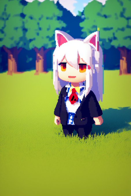 A 3D chibi-style anime character with white hair, fox ears, and a black suit with a red tie stands in a grassy field near some trees.