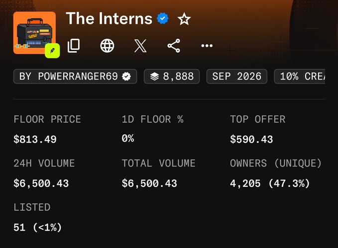 Cryptocurrency NFT details page for 'The Interns' collection by 'POWERRANGER69' showing 8,888 items from September 2026 with a floor price of $813.49 and top offer of $590.43.