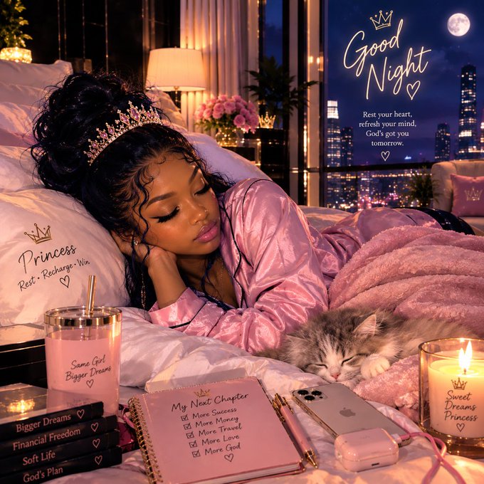 A stylized pink-toned illustration shows a woman wearing a 'Princess' tiara sleeping in bed with a kitten, surrounded by candles, a journal labeled 'My Next Chapter,' and text including 'Good Night,' 'Sweet Dreams Princess,' and 'Same Girl Bigger Dreams.'