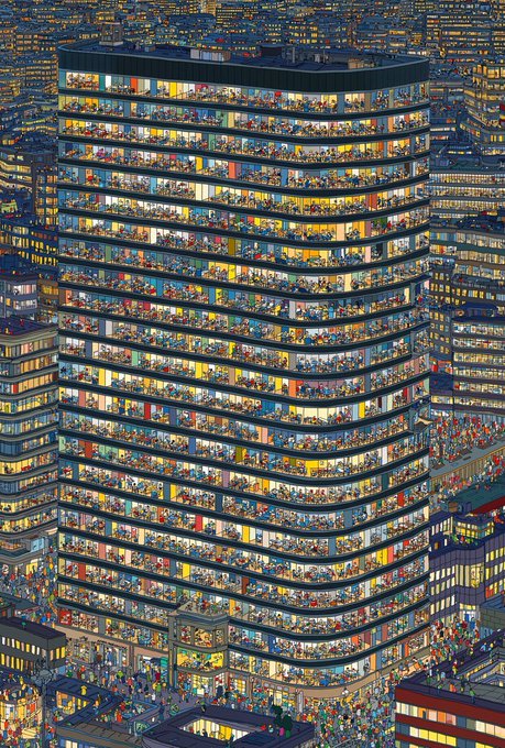 A towering skyscraper composed of countless tiny figures visible through its many illuminated windows, packed with people across every floor in a dense urban cityscape. The image visualizes NFTs as a densely populated building, fitting the post's vision of NFTs spreading across Web3 like a thriving, ever-growing community.