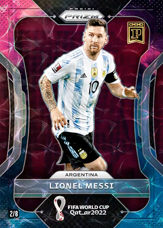 A Lionel Messi Argentina #10 FIFA World Cup Qatar 2022 Panini Prizm trading card (#2/8) is displayed against a pink and blue holographic background, which the collector celebrates as another "GOAT" addition being put "into the coffin."