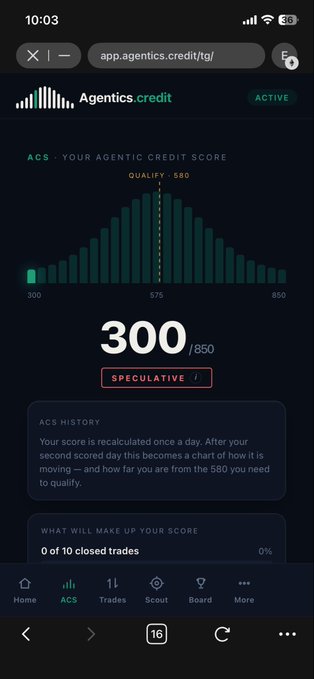 A mobile screenshot of an 'Agentics.credit' app showing an 'ACS' score of 300/850 with 'SPECULATIVE' status, a bell curve graph, and navigation tabs for Home, ACS, Trades, Scout, Board, and More.