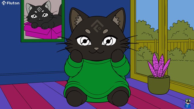 A cartoon illustration of a black cat-like character wearing a green sweater sitting on a striped floor, with a framed picture of another cat on the wall and a potted plant nearby; a 'Fluton' watermark is visible.