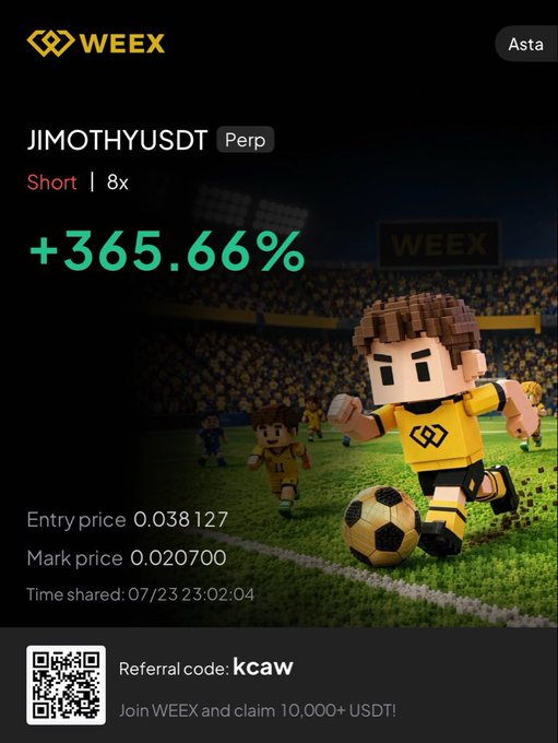 A WEEX promotional screenshot showing a successful short position on JIMOTHYUSDT Perp with an 8x leverage, displaying a +365.66% gain from entry price 0.038127 to mark price 0.020700, reinforcing the post's claim that the platform accurately marked the top of the Jimothy trade.