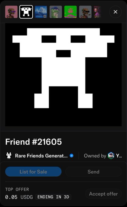 Digital collectible page for "Friend #21605" listed for sale at 0.05 USDG, with the title "Rare Friends Generat..." and various pixel art thumbnails.