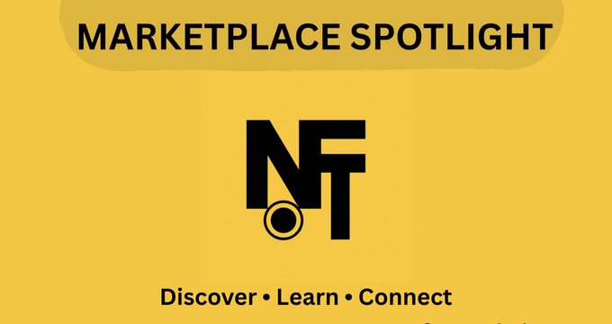 A bold yellow "Marketplace Spotlight" banner features the "NFT" ticker symbol centered on the screen with the tagline "Discover • Learn • Connect," serving as a vibrant header graphic for the accompanying post highlighting Stargaze's tiered username minting system in the Cosmos ecosystem.