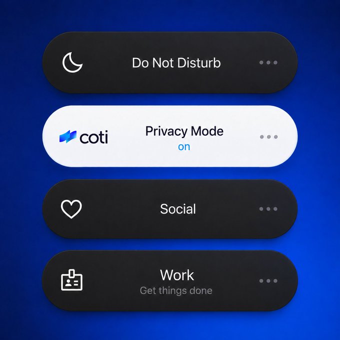 The image shows an iOS Control Center with Focus modes enabled, highlighting "Privacy Mode" by Coti in the "on" state, alongside Do Not Disturb, Social, and Work focus options—directly illustrating the post's message of "Privacy Mode. Always on."