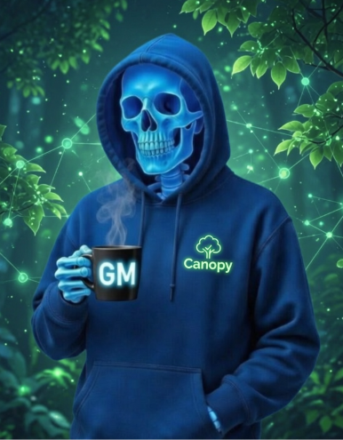 A digital illustration features a blue glowing skull wearing a dark blue hoodie with a "Canopy" logo, holding a mug labeled "GM" with steam rising, set against a forest background with network-like patterns.