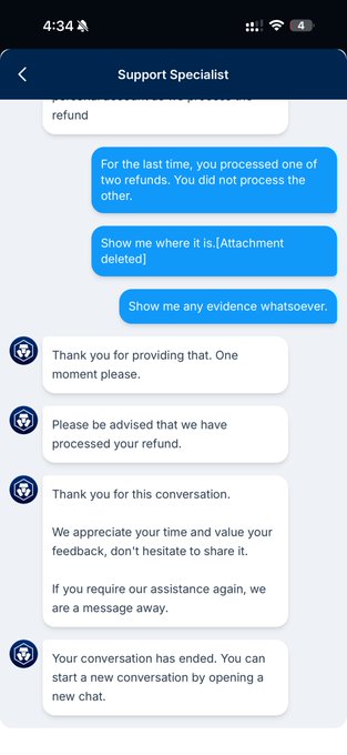 A screenshot of a chat conversation with a Support Specialist where a frustrated customer demands evidence for a missing refund and is abruptly told the conversation has ended.