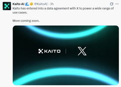 A tweet from Kaito AI announcing a data agreement with X to power a wide range of use cases, featuring a teal and black graphic with their logos.