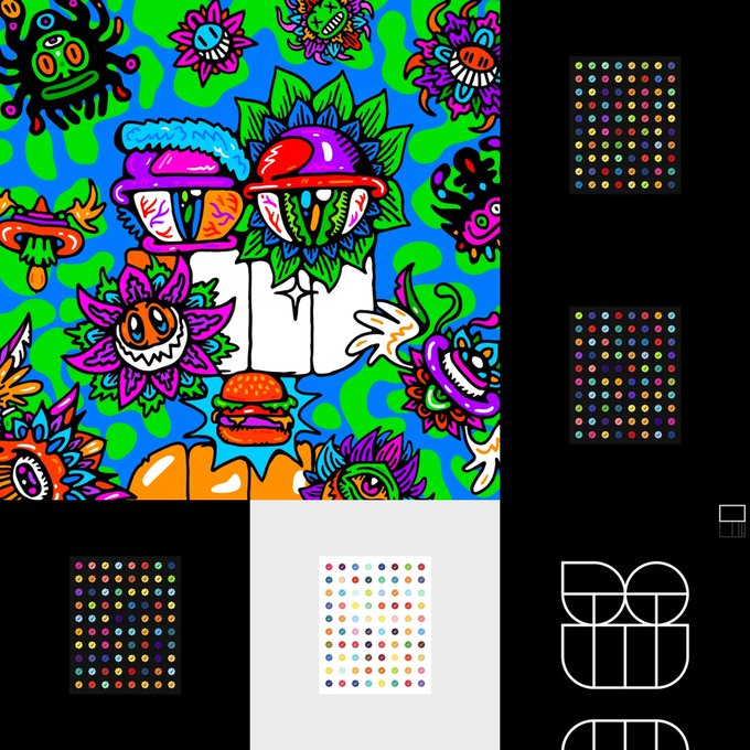 A vibrant, psychedelic illustration features mushroom-headed characters with eyeballs, flowers, and a burger against a neon green and blue background, surrounded by colorful dot grid sheets.