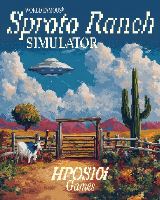 Pixel art cover for "World Famous Crypto Ranch Simulator" by HPoslof Games, featuring a desert landscape with a cactus, wooden gate, cow, orange tree, and a UFO hovering in the sky.