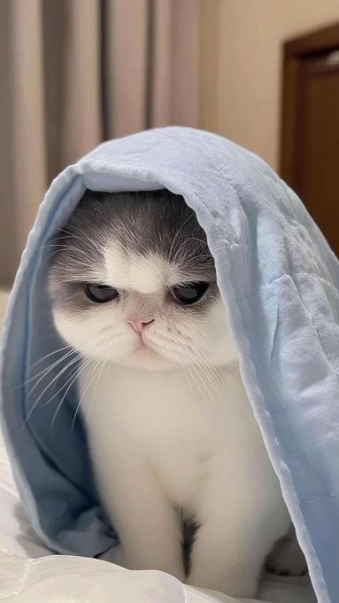 A grumpy-looking gray and white cat peeks out from under a light blue blanket, embodying a relatable "not a morning person" mood that perfectly matches the Wednesday vibes of needing motivation to start the day.