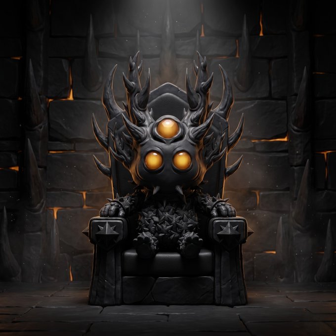 A dark, fantasy-themed digital illustration of a menacing creature with glowing orange eyes sitting on a spiked throne in a stone-walled room.