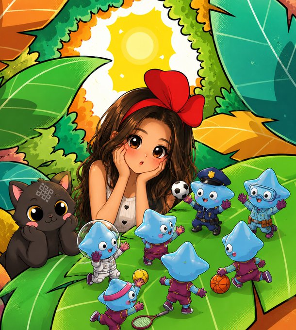 A colorful anime-style illustration features a girl with a red bow surrounded by cartoon water droplets, a black cat, and sports equipment against a leafy background.