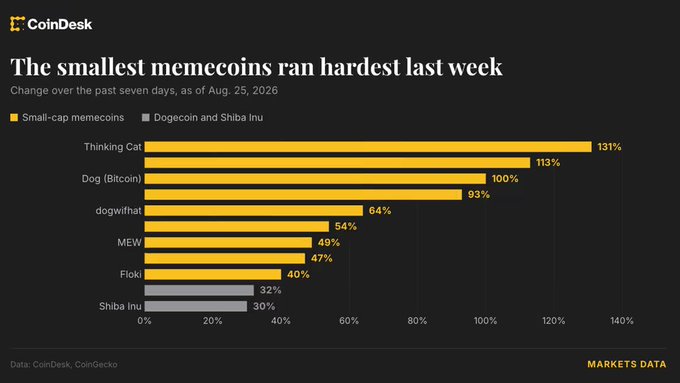 A CoinDesk market data chart titled 'The smallest memecoins ran hardest last week' showing weekly gains as of Aug. 25, 2026, with Thinking Cat leading at 131%, followed by Dog (Bitcoin) at 113%, dogwifhat at 93%, MEW at 54%, Floki at 49% and 47%, and Dogecoin and Shiba Inu at 32% and 30% respectively.