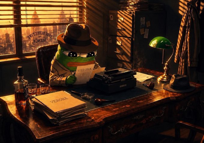 A digital illustration of Pepe the Frog depicted as a 1940s detective wearing a fedora and trench coat, sitting at a wooden desk with a typewriter, lamp, and folders labeled 'VERONA', with a cityscape visible through the window.