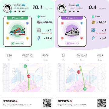 The image shows two different apps for tracking steps taken during a walk, with each app displayed on its own page. The first app has a pink background and features a cartoon character walking through a cityscape, while the second app has a green background and displays a map of the world. Both apps are designed to help users track their daily physical activity levels and provide them with information about their steps taken during a walk.
