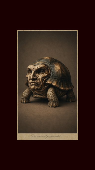 This piece portrays a creatures face on a turtles shell, creating a unique and visually engaging tableau that merges two species' characteristics into one. The phrase, 'I'm naturally veen introverted,' alludes to the nature of the profile, which presents a tortoise-like face from within a shell, distorting individuality or balance in a natural context.