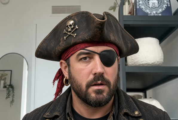 A man wears a weathered pirate hat featuring a skull and crossbones emblem, along with a red bandana, eye patch, and gold hoop earring, posed in what appears to be a home interior.