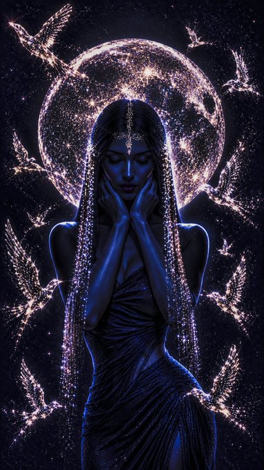 A digital artwork showing a serene blue-skinned woman in a dark gown with a glowing celestial halo and constellation-like wings surrounding her, surrounded by sparkling bird-shaped lights.