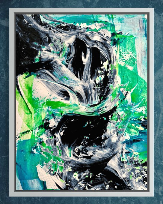 An abstract painting with bold brushstrokes in black, white, and vibrant green, displayed in a white frame against a dark blue background.