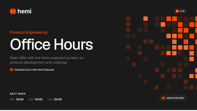 The image shows a poster for an event called "Office Hours" at Protocol Engineering. The poster features a black background with orange squares, creating a striking contrast that draws attention to the event details. The text on the poster reads "Open Q&A with the Hemi engineering team on protocols and roadmap Hostive in the Hemi Distord." This information suggests that the event is an opportunity for attendees to ask questions about building on Hemi or discuss related topics, such as protocols and project development.