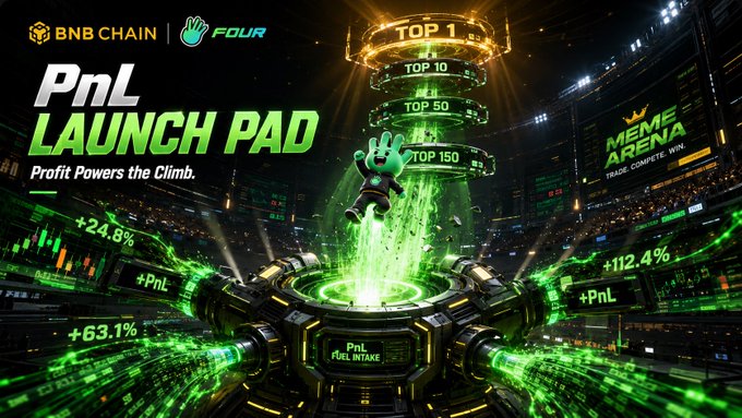 A promotional graphic for BNB Chain's "PnL LAUNCH PAD" on the Four platform, featuring a green mascot rising up a tiered leaderboard (Top 150, 50, 10, 1) fueled by glowing green "+PnL" percentages (+24.8%, +63.1%, +112.4%), with the tagline "Profit Powers the Climb" — visually reinforcing the post's message that trading profits drive users higher up the Day 8 leaderboard.