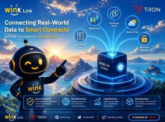 A promotional graphic for 'WINk Link' and 'TRON' titled 'Connecting Real-World Data to Smart Contracts,' featuring a mascot robot and an oracle interface.