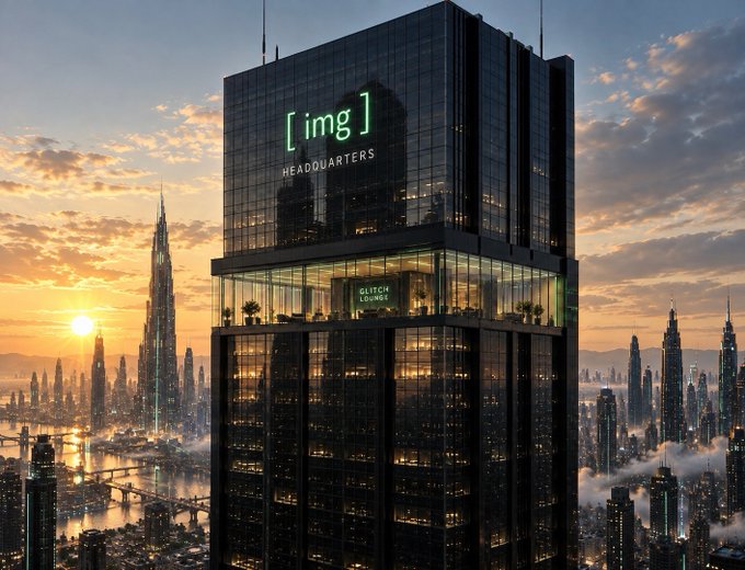 A dramatic sunset view of a futuristic skyscraper with '[img] HEADQUARTERS' and 'GLITCH LOUNGE' signage, overlooking a vast cyberpunk-style cityscape with bridges, clouds, and distant towers.