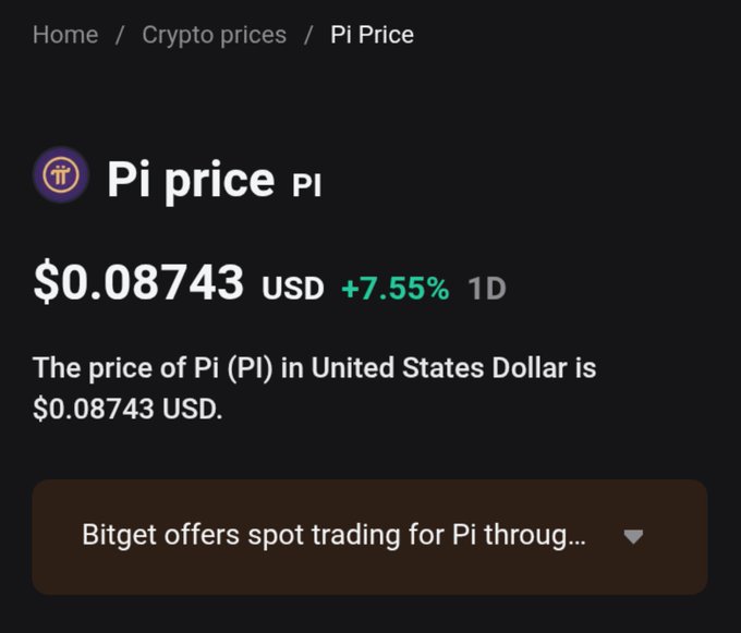 A cryptocurrency price tracker displaying "Pi price" at $0.08743 USD with a +7.55% change over 1 day.