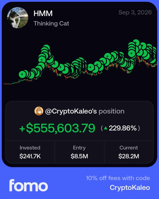 Fomo app screenshot showing a user profile "HMM / Thinking Cat" with @CryptoKaleo's position gaining +$555,603.79 (229.86%).