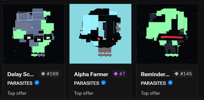 Three digital pixel-style avatars from a "PARASITES" collection shown as NFT listings: "Delay Sc..." (#169), "Alpha Farmer" (#7), and "Reminder..." (#145).