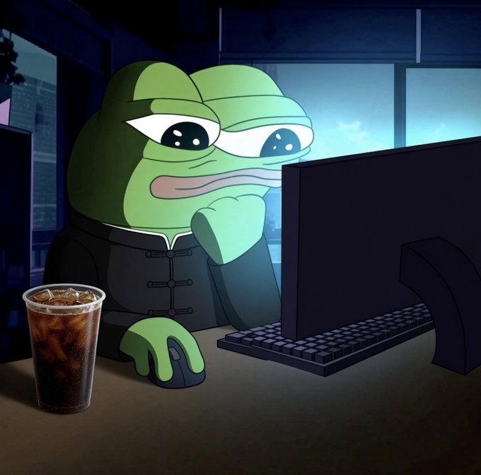 An illustrated Pepe the Frog character wearing a traditional Chinese shirt sits at a computer with a cup of iced coffee, staring at the monitor.