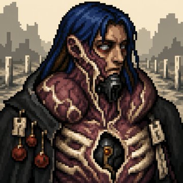 Pixel art illustration of a blue-haired character with a respirator mask, wearing a maroon and bone-like armor suit, standing before a desolate, gray landscape with ruined structures.