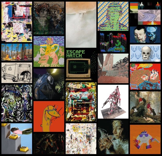 A collage of various abstract, digital, and glitch-art style images, including one labeled 'ESCAPE HATCH,' featuring distorted figures, pixelated textures, and surreal compositions.