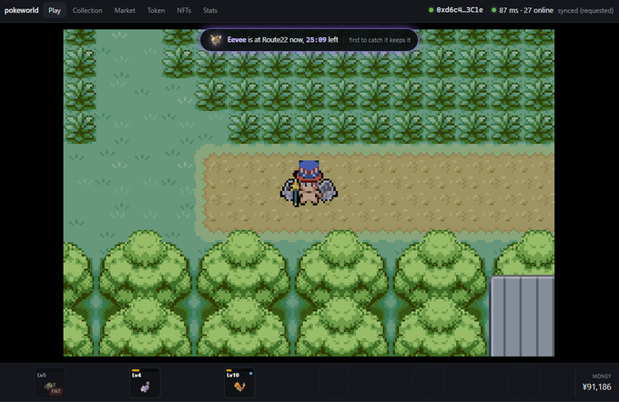 A Pokémon game session on Pokeworld shows an NPC character in a top hat in a grassy field with a banner reading 'Eevee is at Route22 now, 25:08 left first to catch it keeps it'.