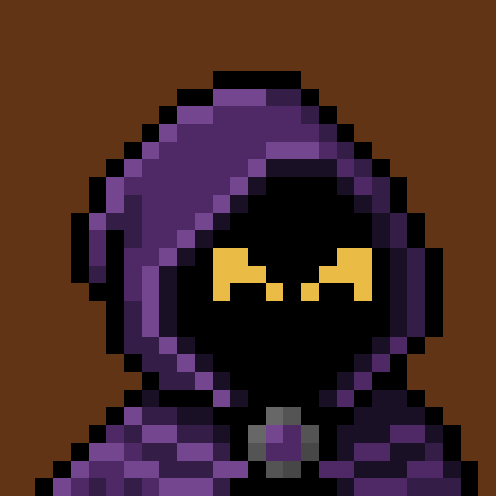 A pixel art character in a purple hooded cloak with glowing yellow eyes, matching the post's "Hoods up." theme with its concealed, mysterious appearance. A small purple pendant adorns the chest area of the cloak.