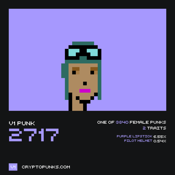 A pixel art portrait of CryptoPunk V1 #2717, a female punk featuring a pilot helmet (0.54%) and purple lipstick (6.55%), set against a purple background with stats indicating it is one of 3840 female punks with 2 traits.
