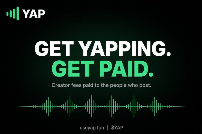 A promotional graphic for 'YAP' featuring the text 'GET YAPPING. GET PAID.' with a soundwave graphic on a black background.